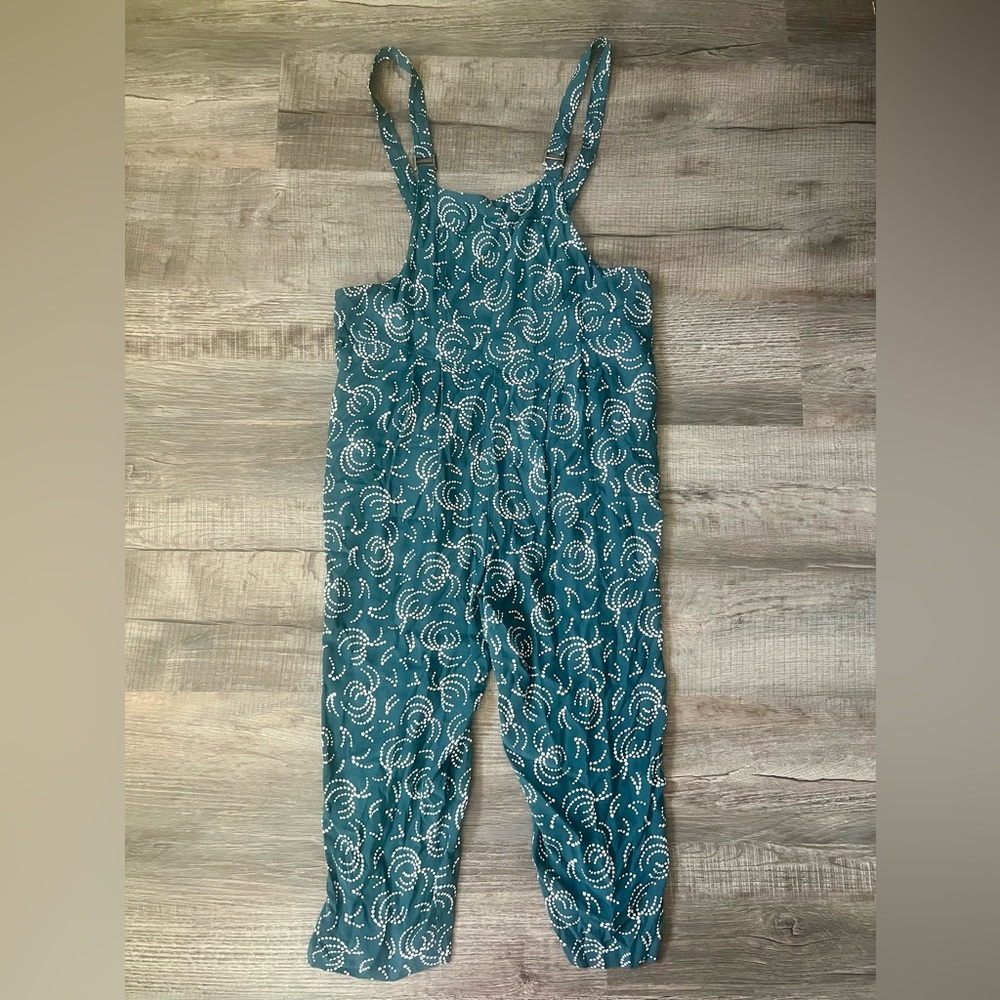 Anthropologie Maeve Tidal Jumpsuit Overalls Large Teal Blue White Boho Pockets - Picture 4 of 9